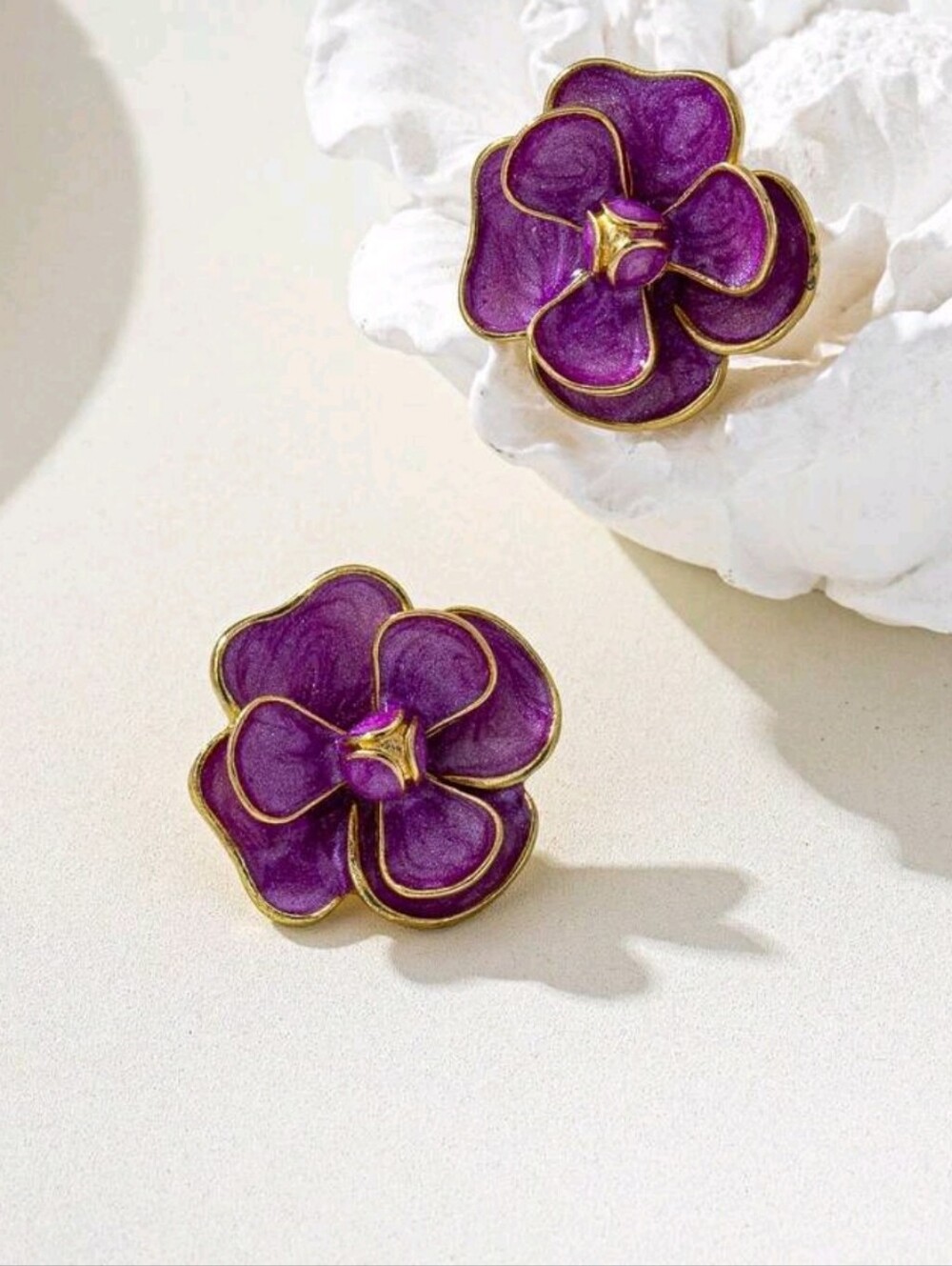 Purple Floral Enamel Stud Earrings - Gold Trim